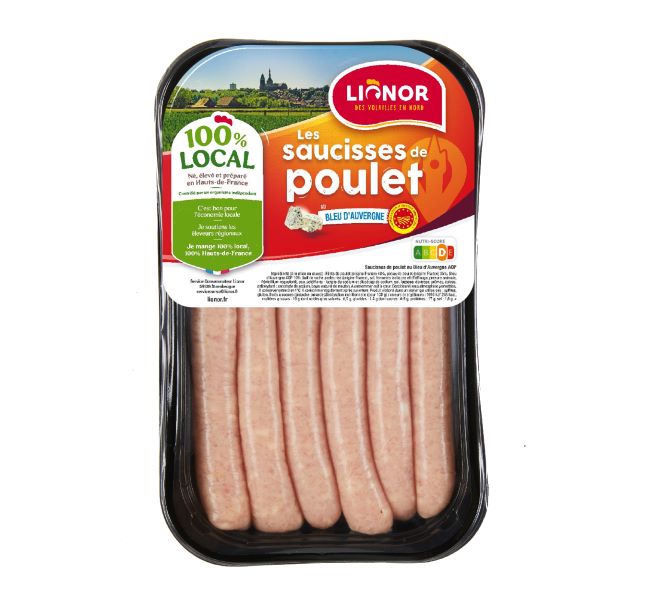 Barquette de 6 saucisses de poulet au Bleu d'Auvergne AOP marque Lionor